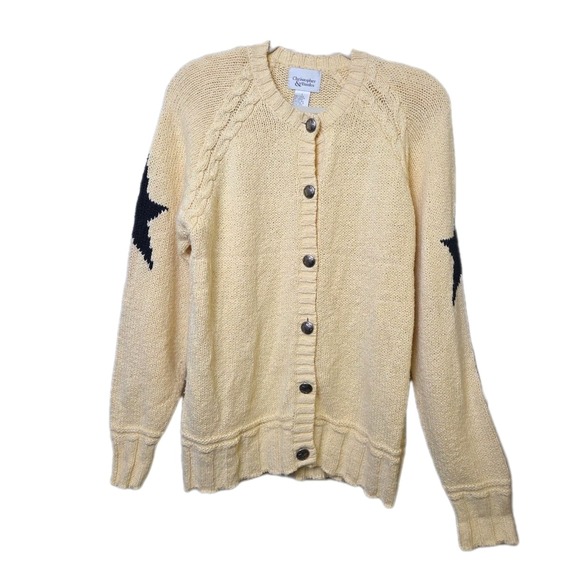 Vintage 2001 Cable Knit Star Sweater Silver Buttons Cardigan Christopher Banks L - Picture 2 of 10